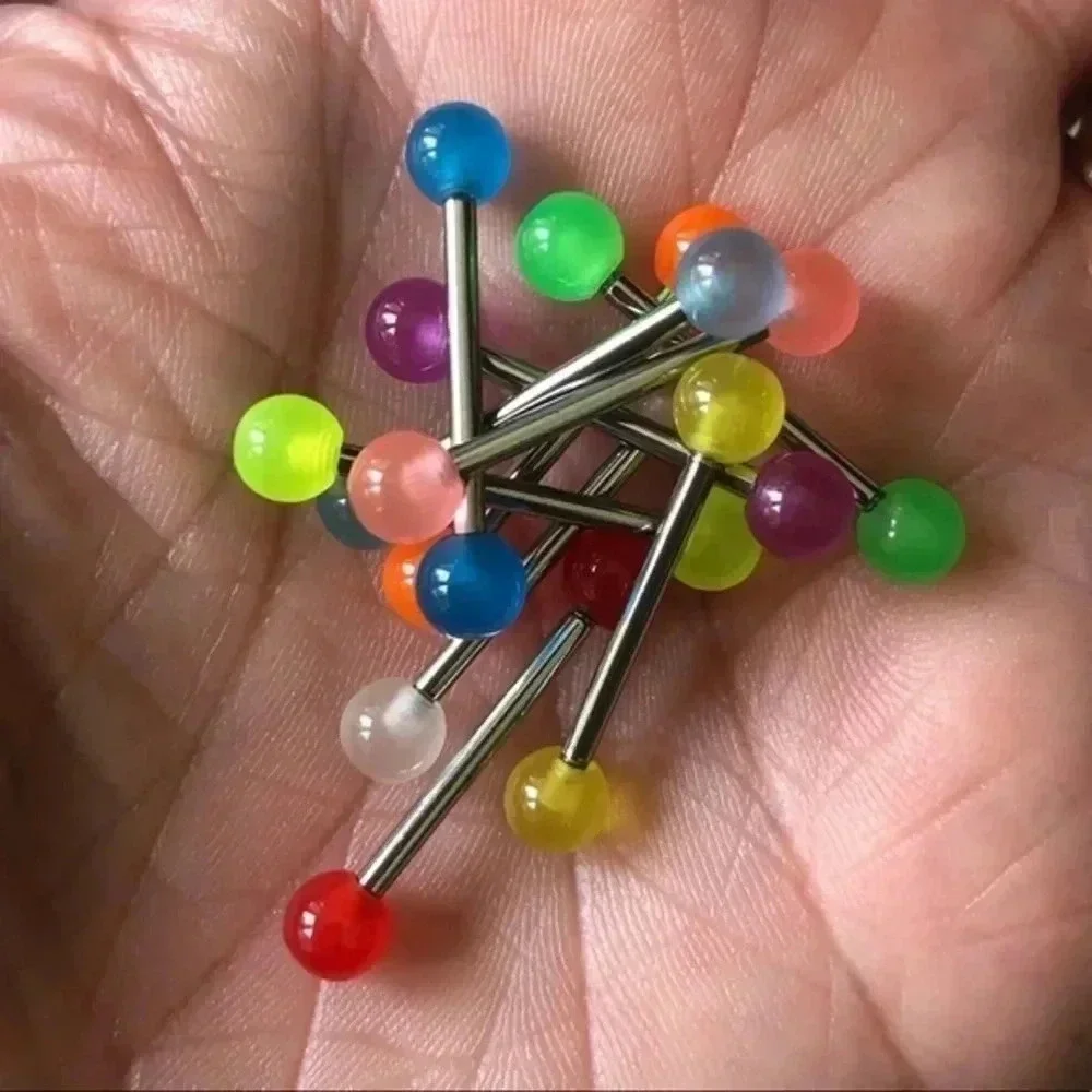 10 Piece Glow in the Dark Tongue Piercing Studs Rings Balls NWT